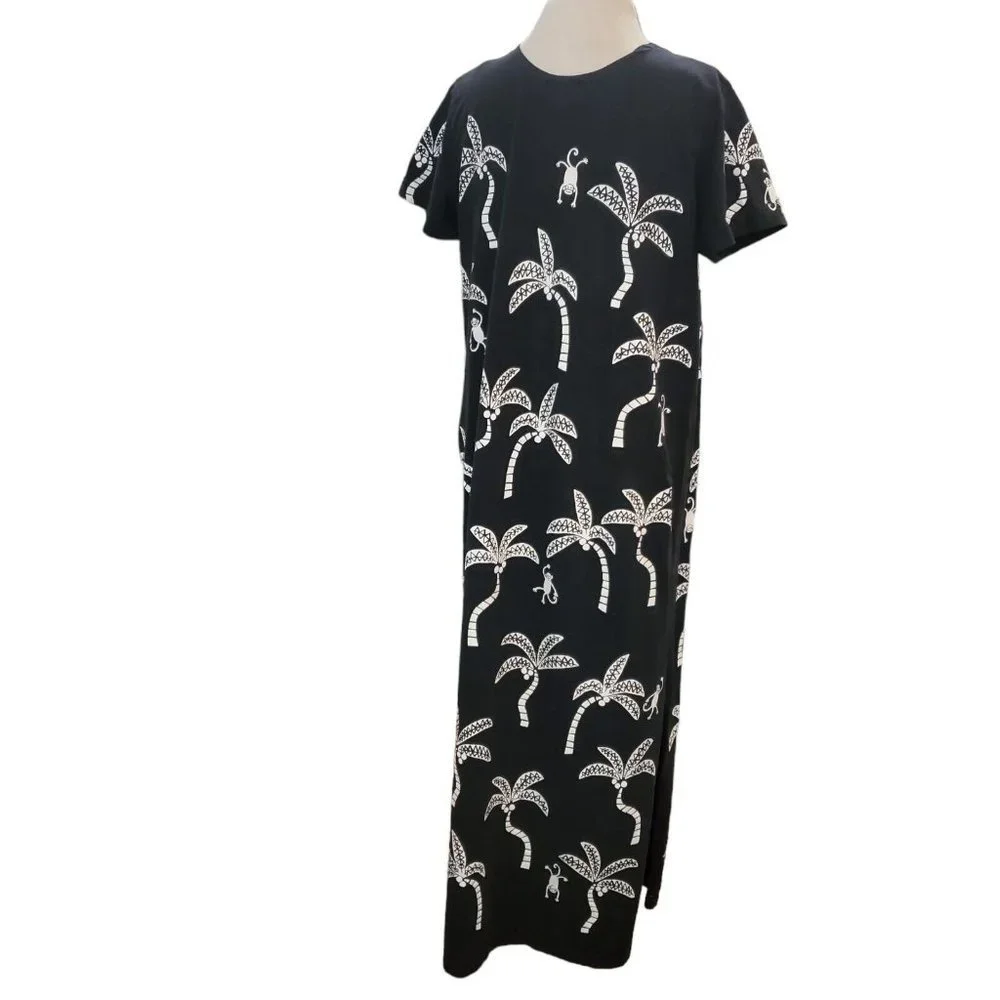 Vintage‎ 90s Black Monkey Coconut Tree Maxi Dress Large Novelty Print Tropical